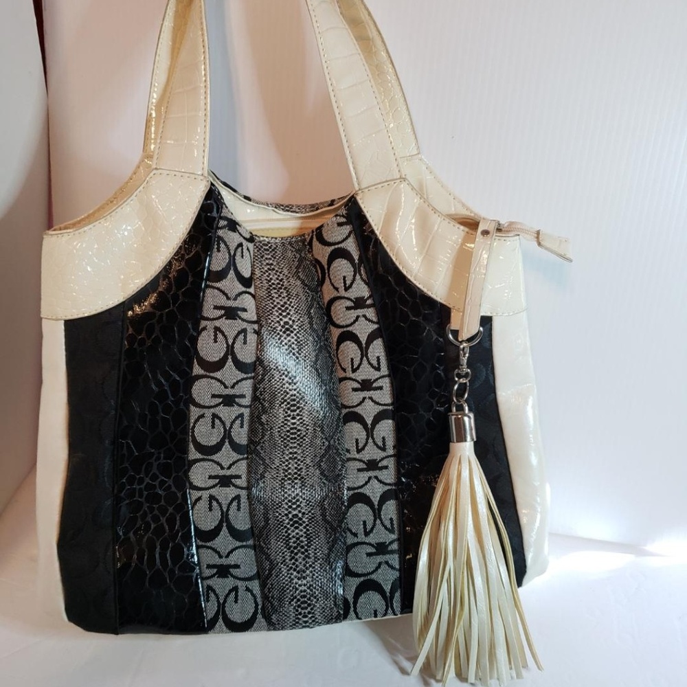 Black and white faux leather purse